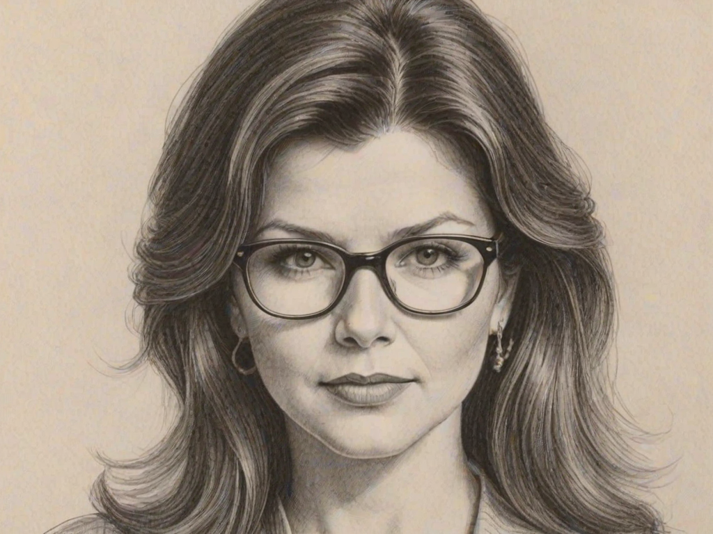 Alluring Daphne Zuniga, pencil sketch, portrait of Bewitching woman 1977s in glasses, hair style beatnik, outline, clear lines, fine lines, 8k