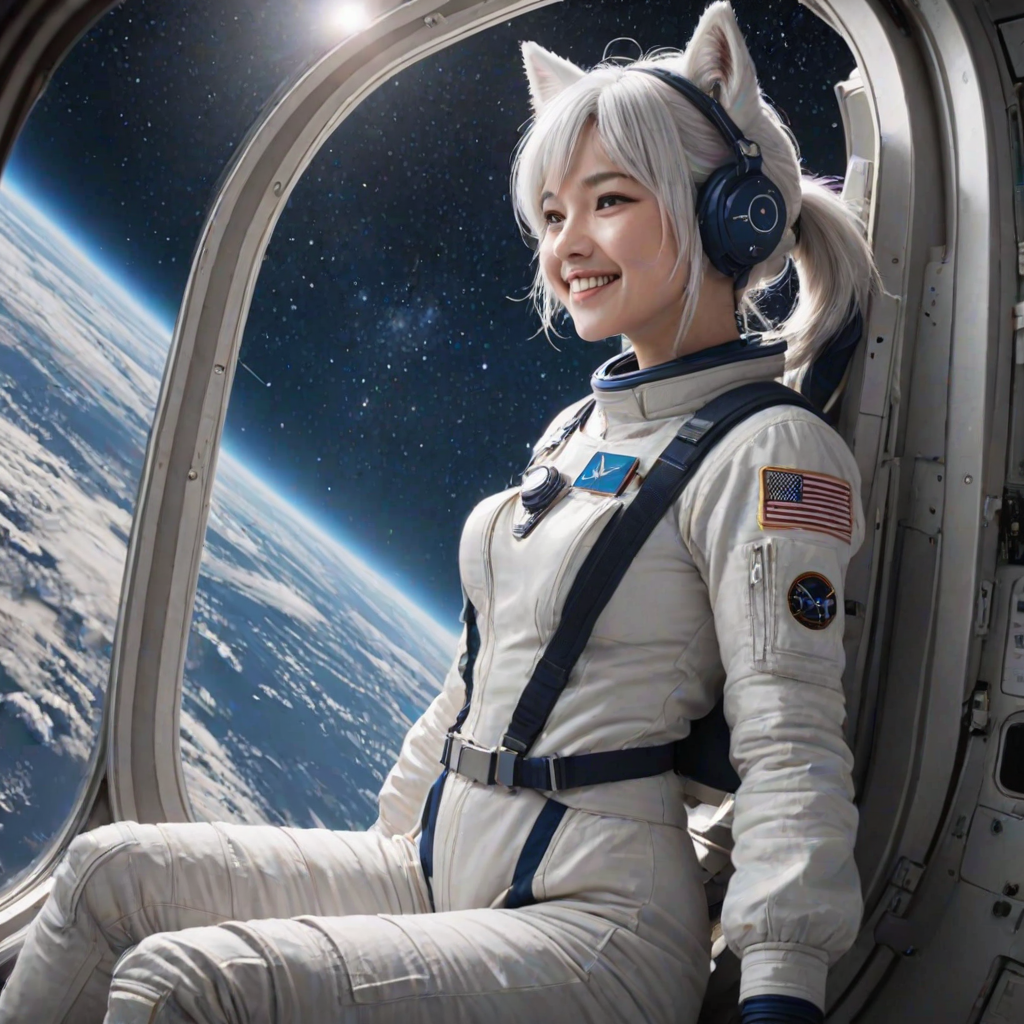 masterpiece, best quality, solo, shirakami fubuki, fox ears, ear piercing, fox tail, long hair, low ponytail, side braid, white hair, ahoge, astronaut suit, dutch angle, wide shot, smile, laughing, window, space station, planet, earth, galaxy, space, universe, star, milky way, nebula