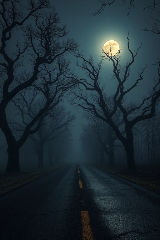 a desolate road lined with eerie, twisted trees under a full moon, fog shrouding the ground, with cracked pavement reflecting the moonlight, shot in low light with a wide-angle lens, aperture f/2.8, ISO 400, shutter speed 1/60 sec, DSLR camera, high dynamic range style