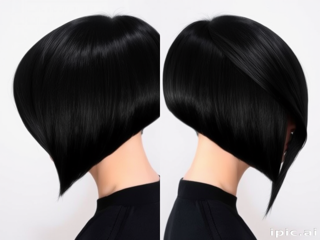 Sleek jet-black bob cut in the "Midnight Precision" style features a razor-sharp asymmetrical line, accented with electric blue underlights peeking through for added dimension