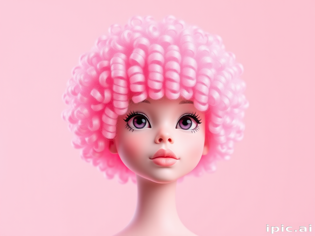 Playful bubblegum pink afro named "Cotton Candy Cloud" shaped into a perfect sphere, showcasing springy coils and a gradient effect fading to pastel pink edges
