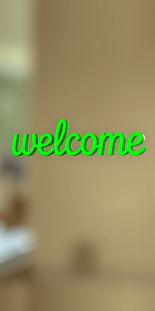 3D green "welcome" text on a transparent background, Canon EOS R5, 35mm lens, f/2.8 aperture, ISO 100, soft focus background.