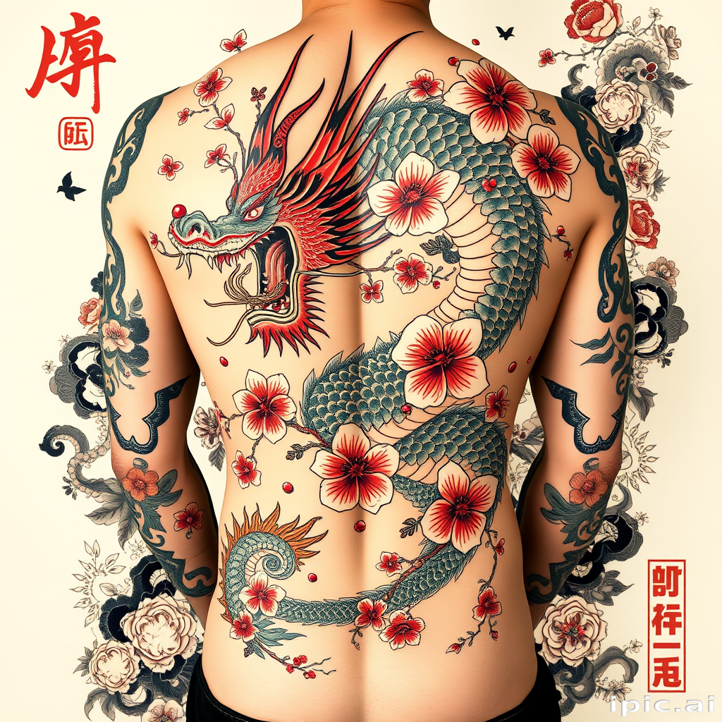 Elegant Japanese irezumi tattoo of a fierce dragon entwined with cherry blossoms, featuring bold colors and traditional motifs, flowing seamlessly across the entire back and arms