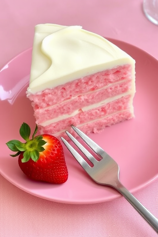 A slice of pink cake with white frosting on a pink plate, accompanied by a fresh strawberry, with a fork beside it, set on a light pink tablecloth.