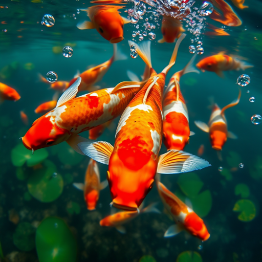 Underwater scene of colorful koi fish swimming gracefully with bubbles and lily pads, captured with a DSLR camera at f/2.8, ISO 100, 1/200 sec, using a wide-angle lens for enhanced detail and vibrant colors.