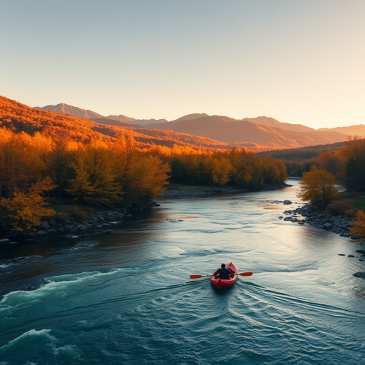 autumn landscape with a river, a person in a boat, warm colors, mountains in the background, soft sunlight, 50mm lens, f/2.8 aperture, ISO 100, golden hour lighting, DSLR camera, shallow depth of field, high contrast and vibrant colors