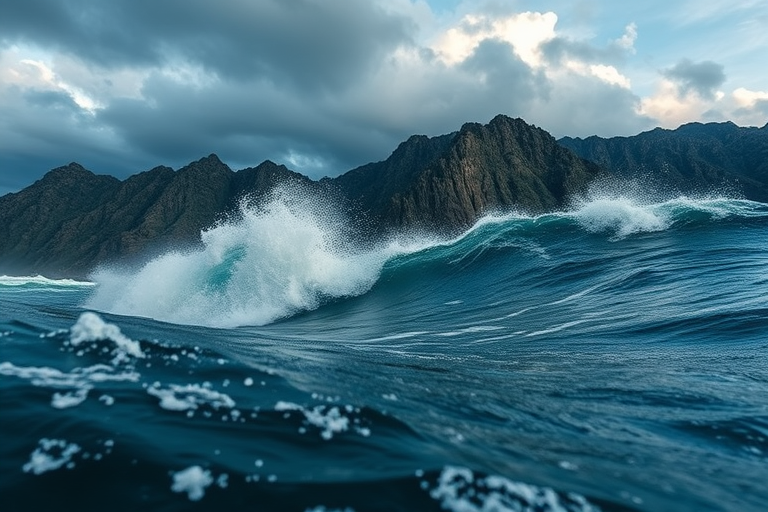 Generate a hyper-realistic image of tumultuous ocean waves crashing against rugged mountains under a dramatic sky, captured with a Canon EOS 5D Mark IV at f/8, ISO 100, 1/200s, wide-angle lens, shooting from a low angle perspective to emphasize the wave's motion and the grandeur of the scenery.
