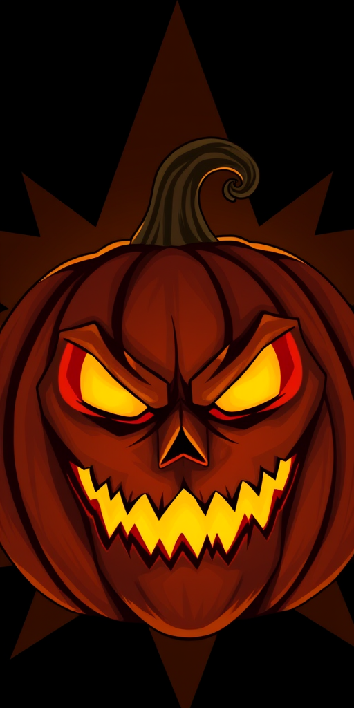 Create a vivid illustration of a menacing jack-o'-lantern with glowing yellow eyes and a sinister expression, set against a dark brown star-shaped background, using a Canon EOS 5D Mark IV camera, aperture f/8, shutter speed 1/125, ISO 100, using a standard lens for sharp details and vibrant colors.