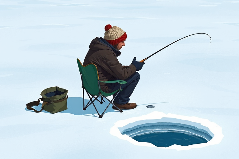 Create a detailed illustration of a person ice fishing, wearing a warm beanie and sitting on a foldable chair beside a circular hole in the ice, captured with a DSLR camera, aperture f/2.8, shutter speed 1/250s, ISO 200, wide-angle lens, and a slightly elevated perspective to enhance the scene's depth and clarity.