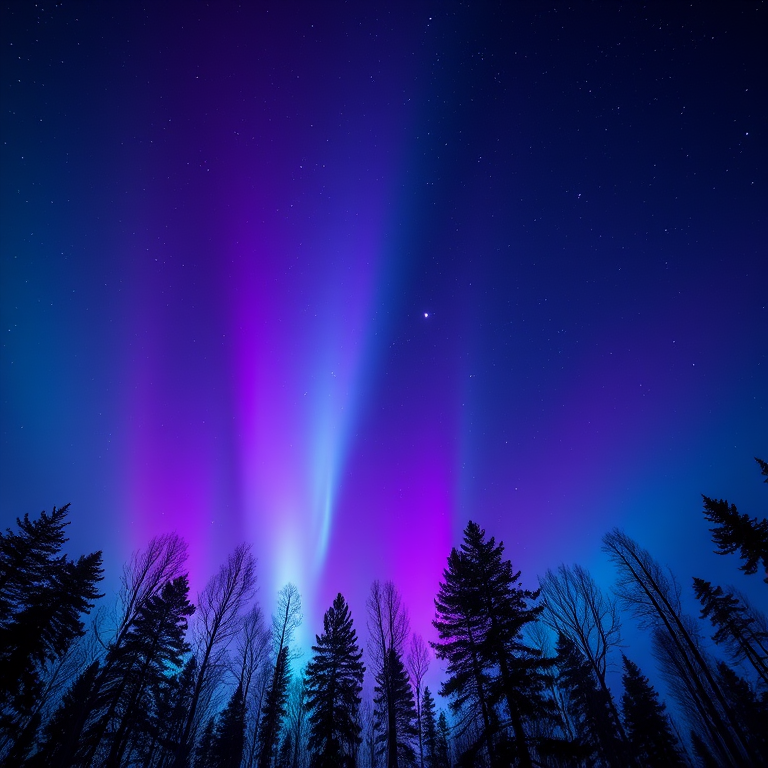 Capture a high-resolution image of the night sky displaying vivid auroras in purple and blue hues, with a clear foreground of silhouetted trees, using a DSLR camera, 24mm lens, f/2.8 aperture, ISO 800, 15-second exposure, and a tripod for stability.