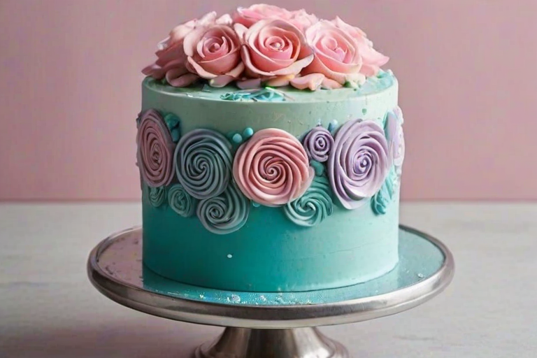Create an image of a three-layer cake with a smooth ombre frosting design that transitions from light pink to turquoise. The top of the cake should be adorned with swirls of pastel pink, blue, and lavender frosting roses. Add colorful sprinkles and edible jewels around the base of the cake on a shiny silver cake board. The background should be simple and neutral to highlight the cake.