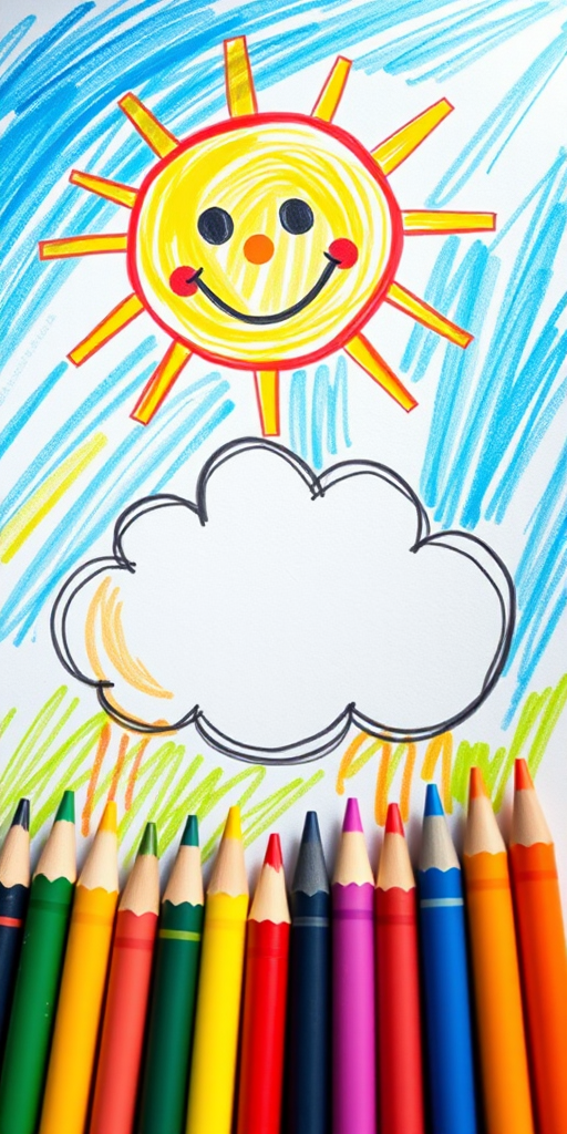 Create a vibrant children's drawing of a sunny sky with a smiling sun in the top left corner and a large fluffy cloud in the center, surrounded by colorful crayons at the bottom, shot in high resolution with a Canon EOS R5, f/8 aperture, ISO 100, 50mm lens, in soft natural lighting to enhance colors and clarity.