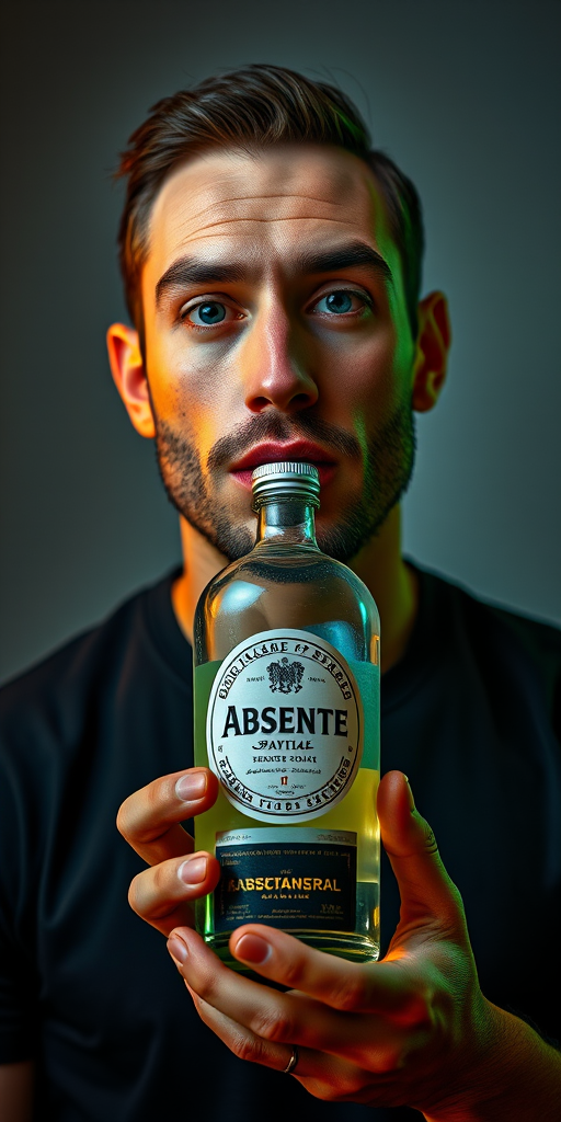 Create an artistic portrait of a man holding a bottle of Absente, featuring exaggerated facial features and vibrant colors, shot with a Canon EOS R5 at f/1.8, ISO 100, 50mm lens, in a studio with soft box lighting for enhanced color depth and clarity.