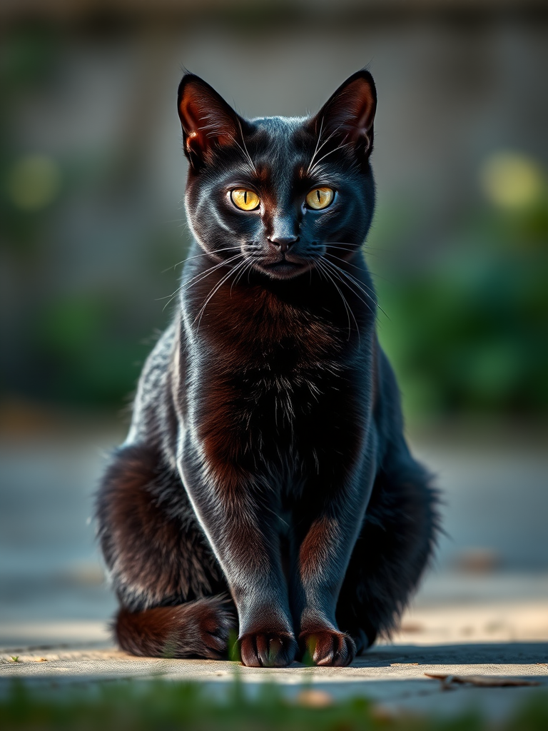 Create a high-resolution image of a sleek black cat sitting gracefully, captured with a Canon EOS R5, 50mm f/1.2 lens, aperture set to f/2.8, ISO 200, natural soft lighting, shallow depth of field, eye-level view to highlight the cat's features.