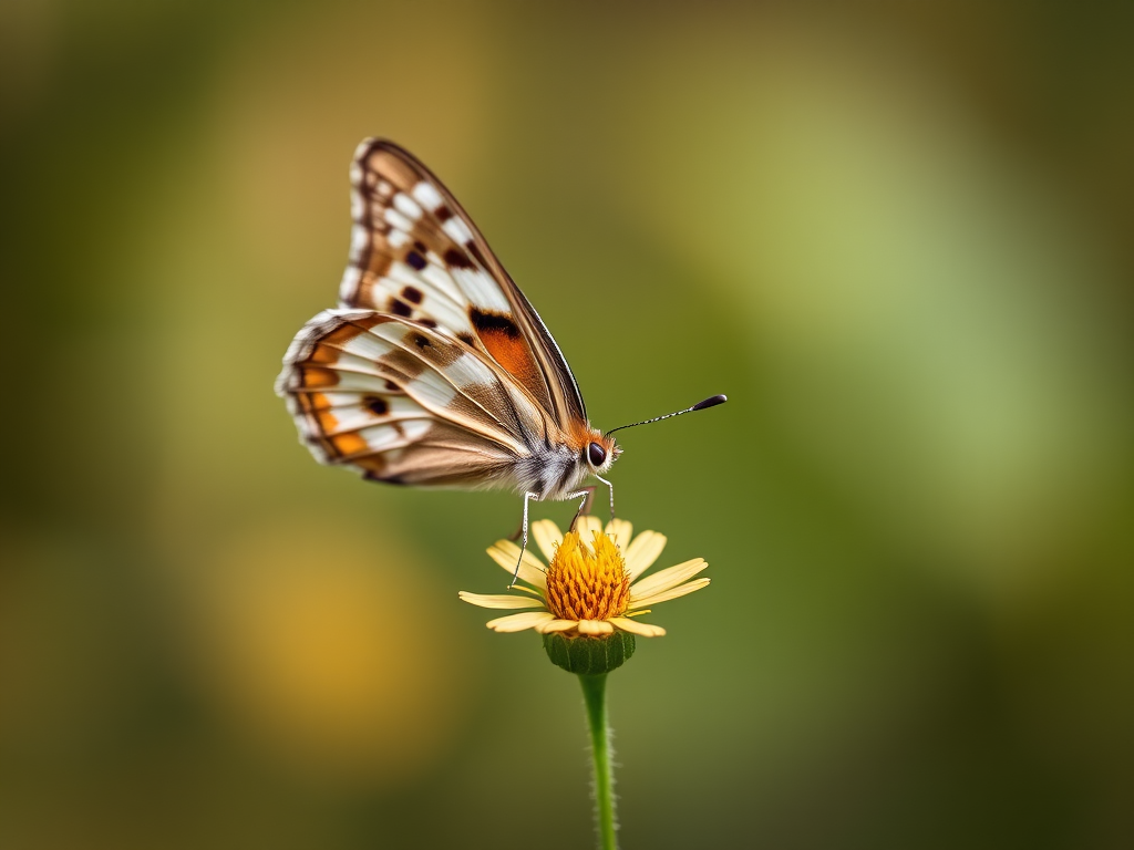 macro photograph of a butterfly perched on a small flower with a blurred background, f/2.8 aperture, ISO 200, 1/100s shutter speed, 100mm lens, taken with a mirrorless camera at eye level for enhanced detail and clarity