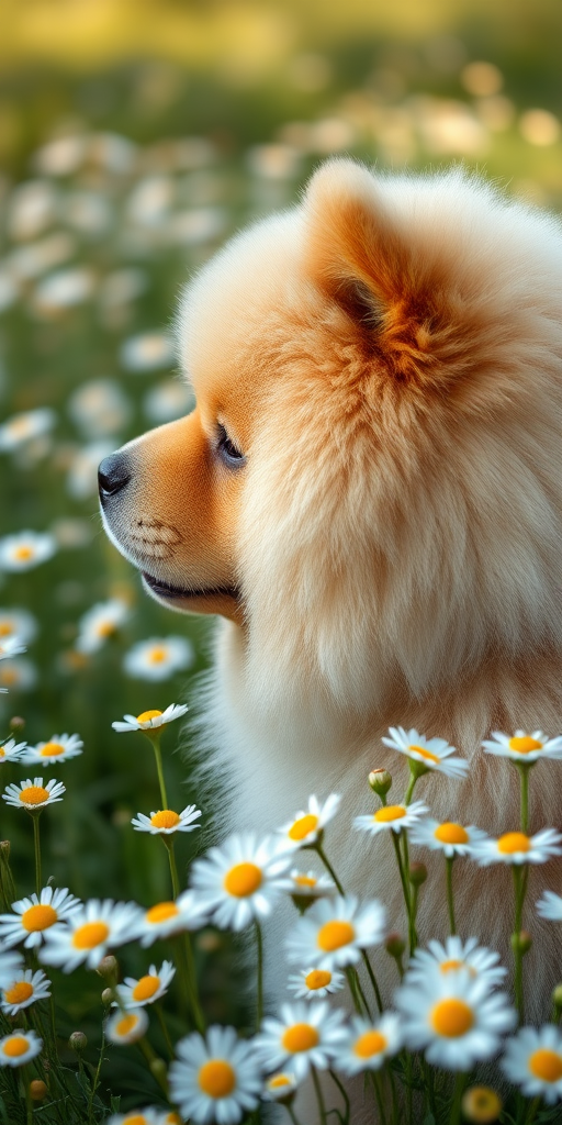 A fluffy Chow Chow dog in profile surrounded by daisies, soft natural lighting, shallow depth of field, 50mm lens, f/2.8 aperture, ISO 200, shot from eye level with a DSLR camera.