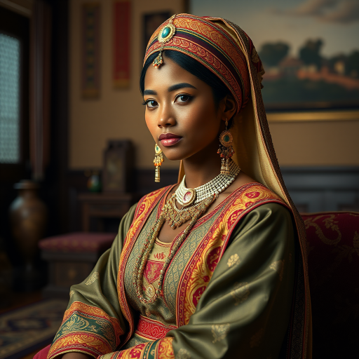 A beautiful Amhara woman in traditional East Asian attire, intricately detailed with embroidered patterns, sitting gracefully in a richly decorated room, soft ambient lighting, serene and elegant, ultra-realistic, 8K resolution