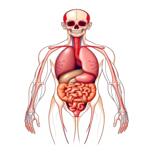 Generate a detailed anatomical illustration of a human body showcasing internal organs, using a high-resolution camera with 50mm lens at f/8 aperture, ISO 100, and a 1/125 shutter speed, in a frontal view with a clean, minimalist style and vibrant colors.