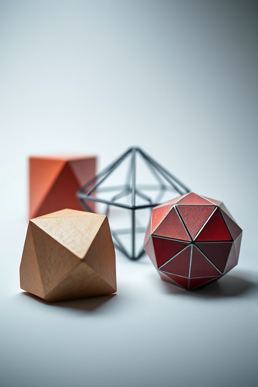 Generate a high-resolution image of five geometrical shapes including a cube, tetrahedron, octahedron, dodecahedron, and icosahedron, using a 50mm lens, f/2.8 aperture, ISO 100, with a shallow depth of field, captured in a studio setting with soft diffused lighting.