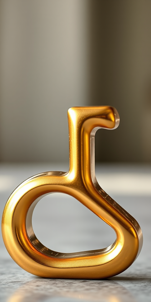 Create a high-resolution image of a glossy golden letter R with a metallic finish, soft focus background, using a DSLR camera with a 50mm lens, aperture f/1.8, ISO 100, and natural lighting.