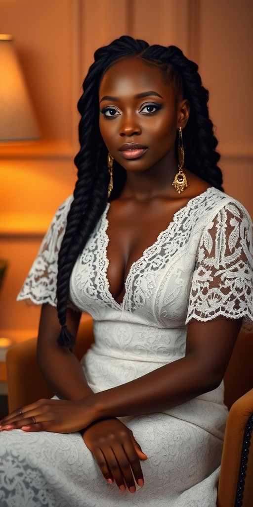 Create a portrait of a refined and elegant Fijian woman seated in a sophisticated setting. She has long, wavy hair styled in two thick braids that are pulled over her shoulders. She wears a white, lace gown with intricate patterns, featuring a deep V-neckline and short sleeves. The dress exudes a vintage charm with its delicate lacework. She is adorned with ornate, dangling earrings that add a touch of glamour to her appearance. The background is softly lit, with warm, ambient lighting that creates a cozy and inviting atmosphere. Her expression is poised and serene, capturing a sense of grace and elegance.