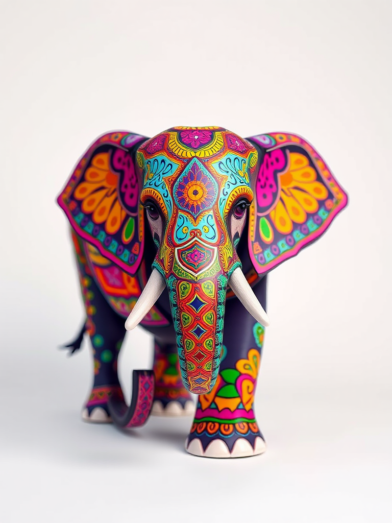 Create a colorful and intricate illustration of a decorated elephant with vibrant patterns, captured in sharp focus, using a DSLR camera with a 50mm lens at f/2.8, ISO 100, and a shutter speed of 1/250s, in a studio setting with soft lighting to enhance details and contrast.