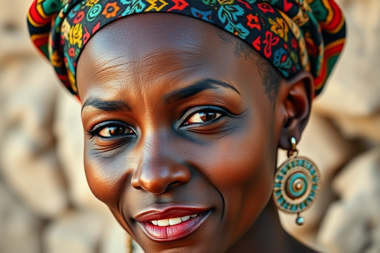 Create a close-up portrait of an African woman wearing a colorful patterned head wrap and earrings, use a 50mm lens, f/1.8 aperture, ISO 100, and natural lighting to enhance details and vibrancy.