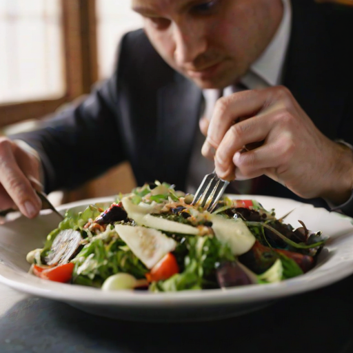 detailed edges, detailed image, perfection style, A cinematic detailed image of a man in a suit eating a salad with a fork, movie themed, sharp, detailed background, epic cinematic photography, artistic style, dramatic light style, cinematic color style, Kodak 35mm film style, detailed style, hand focus style, holding, food, table, knife, plate, realistic, spoon, fork, holding fork, food focus, vegetable, 1boy, fingernails, out of frame, photorealistic