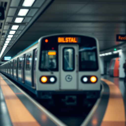 regenerate the image of a subway train in a station viewed from a low angle, ensure the focus is sharp on the train with a blurred background, use a DSLR camera with a wide-angle lens at f/8 aperture, ISO 200, shutter speed 1/125 sec, natural lighting, and emphasize the clean lines and modern architecture of the station.
