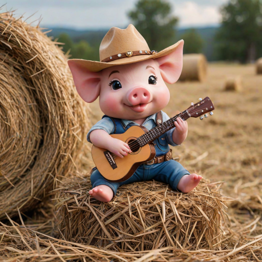 A chibi pig, dressed as a cowboy, playing guitar, sitting on a hay bale