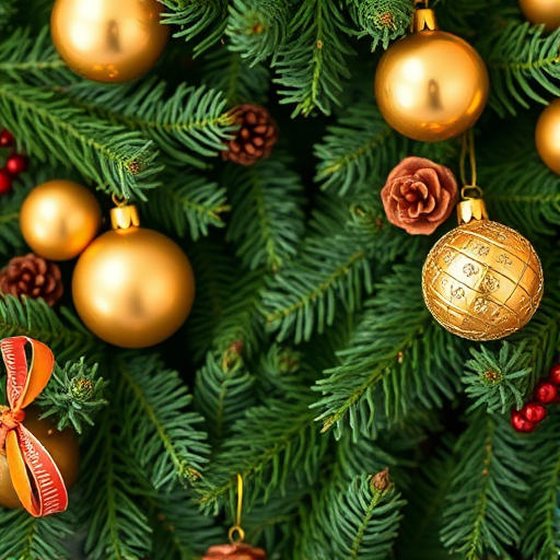Create a festive background with evergreen branches and gold ornaments, using a DSLR camera with a 50mm lens, aperture f/2.8, ISO 100, and a focus on vibrant colors and high detail, capturing the scene from a slightly elevated angle for depth.