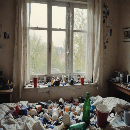 indoors, messy room, cup, bottle, window,mess