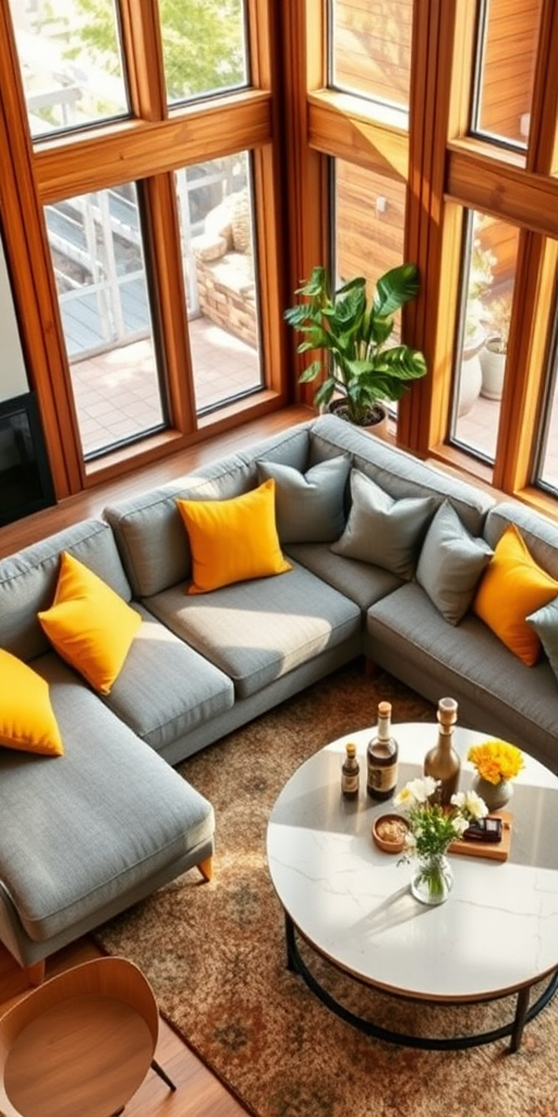 interior living room with a modern gray sectional sofa adorned with yellow and gray pillows, a round coffee table with drinks and flowers, warm wooden walls, large windows letting in natural light, taken with a DSLR camera at f/2.8 aperture, 35mm lens, shot from a high angle to create depth and capture the coziness of the space, natural light settings for enhanced brightness and color saturation