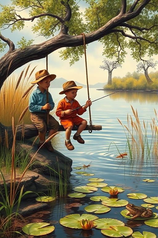 Imagine a small group of old fashioned young boys out fishing by the creek, a swing hanging from a tree branch, reeds and grasses by the water's edge, a frog sitting on a lily pad, dragonflies hovering over som water plans, a very iconic old fashioned scene reminiscent of a Norman Rockwell painting style