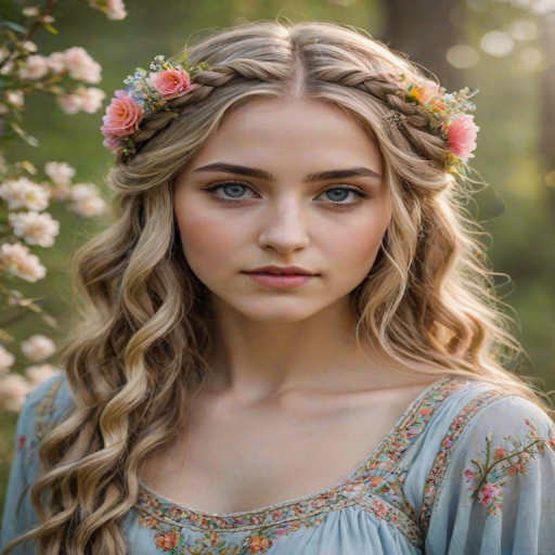 Create an image of a young Armenian woman with long, wavy blonde hair, adorned with small, colorful flowers woven into her braids and loose strands. Her complexion is fair, with soft, glowing skin, and she has light blue eyes that gaze softly at the viewer. She wears a light, flowing dress with a gentle, ethereal quality, complementing her delicate and serene appearance. The background is slightly blurred, drawing focus to her tranquil expression and the intricate details of the flowers in her hair. The overall mood of the image is one of natural beauty and grace, evoking a sense of peacefulness and connection with nature.
