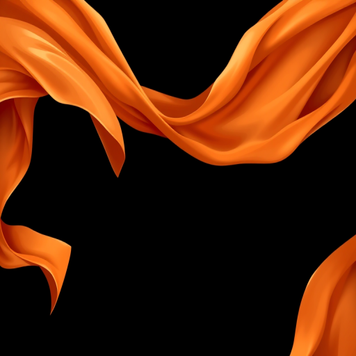 Create a high-resolution illustration of a flowing orange scarf on a black background, using a digital painting style with soft lighting effects, shot in a wide-angle view with a focus on the intricate texture and folds of the fabric.