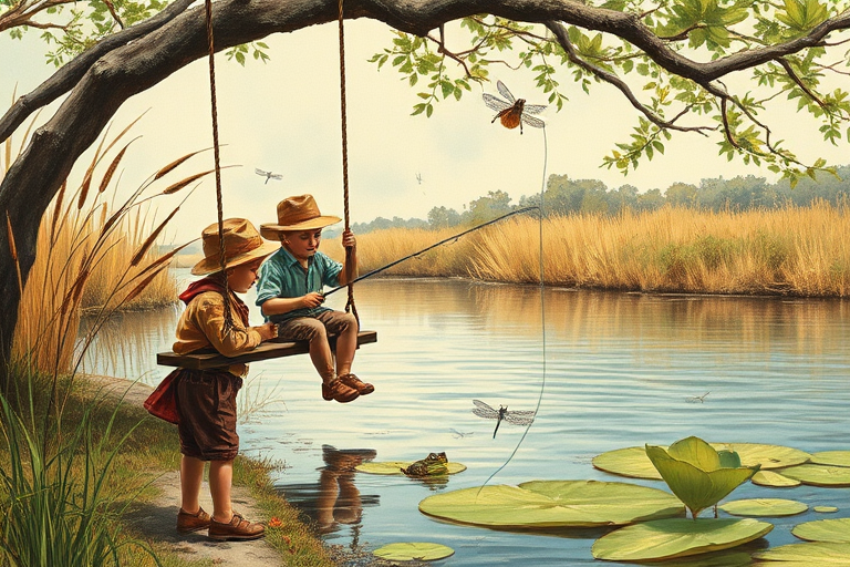 Imagine a small group of old fashioned young boys out fishing by the creek, a swing hanging from a tree branch, reeds and grasses by the water's edge, a frog sitting on a lily pad, dragonflies hovering over som water plans, a very iconic old fashioned scene reminiscent of a Norman Rockwell painting style