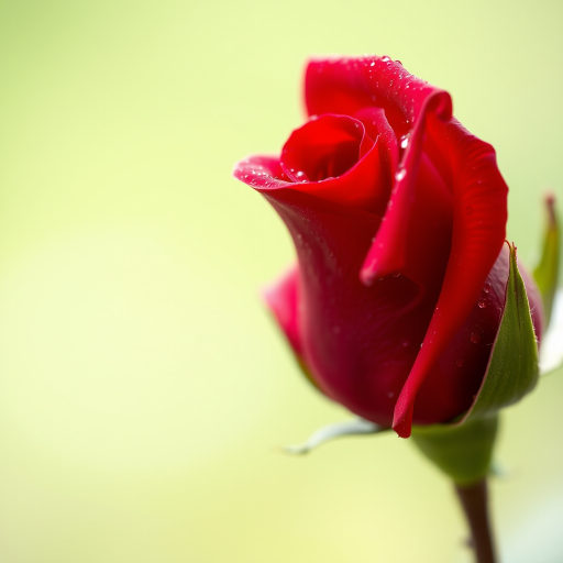 close-up of a fresh red rose with water droplets, soft focus background, 50mm lens, aperture f/2.8, ISO 100, natural light, macro photography, DSLR camera