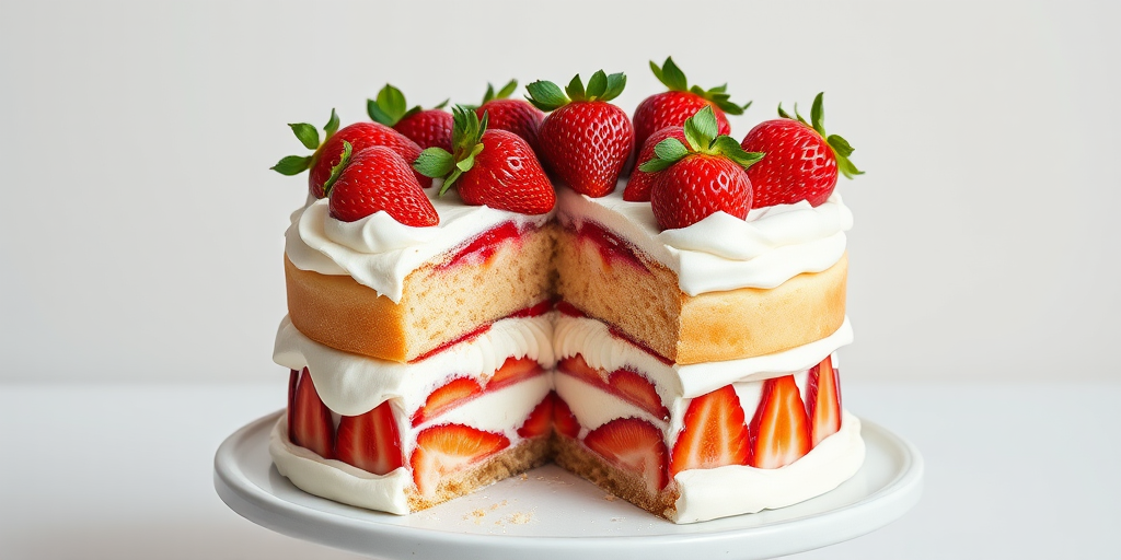 Create a photo of a layered cake with fresh strawberries on top and white frosting the cake is partially sliced revealing layers of strawberries and cream in between the cake layers the background is simple and neutral