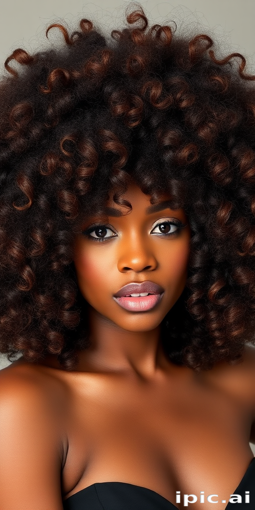 Luxurious chocolate brown curls with caramel highlights styled in a voluminous afro, showcasing natural texture called "Cocoa Crown" embracing heritage and beauty