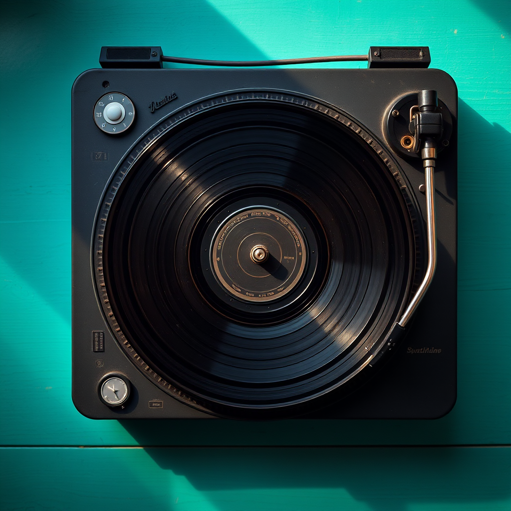 create a top-down view of a vintage record player with a black vinyl record on it, vibrant teal background, natural lighting, high dynamic range imaging, aperture f/2.8, ISO 100, 50mm lens, digital SLR camera