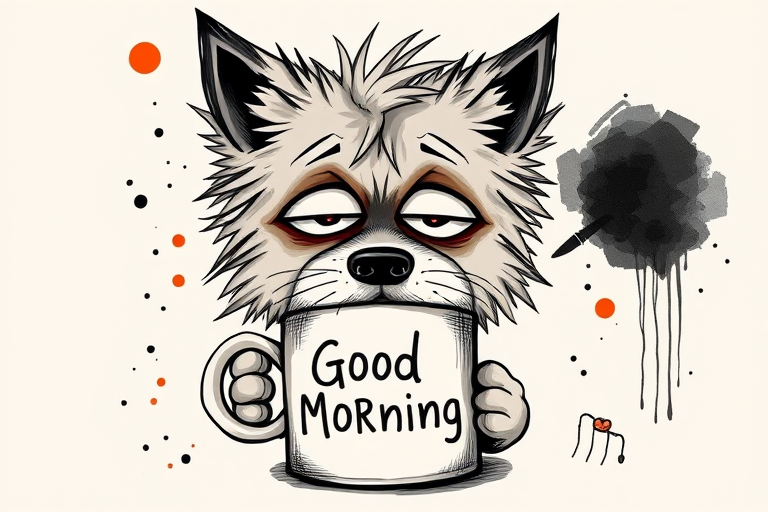 A quirky, artistic illustration of a disheveled german spitz with exaggerated, large eyes and spiky fur, holding a coffee mug that reads "Good Morning". The dog has a tired but humorous expression, with ink splatters and abstract details surrounding it, giving a whimsical feel to the image. The color palette is mostly monochrome with hints of red in the eyes and steam rising from the mug, enhancing the overall sleepy vibe