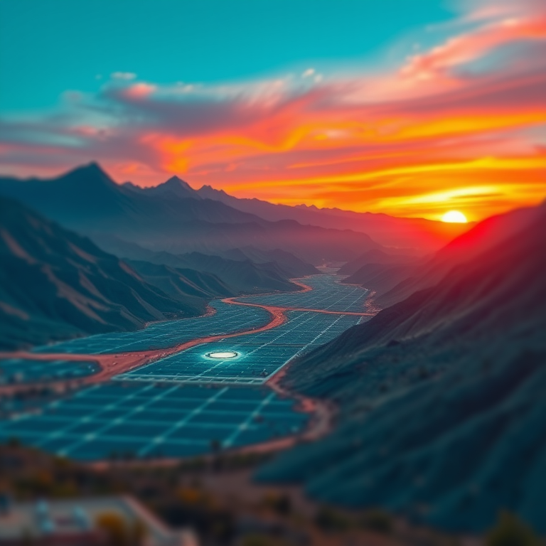 Generate a high-resolution digital art image of a futuristic landscape with a glowing grid in the valley, mountains in the background, and a vibrant sunset; use a wide-angle lens at f/8 aperture, ISO 100, 24mm focal length, with a slight tilt-shift effect for added depth.