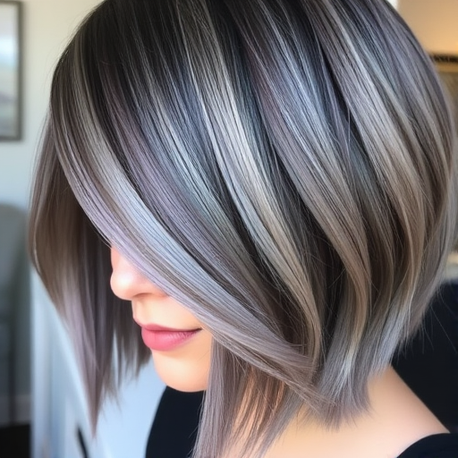 Sophisticated close-up featuring Smoky Quartz strands, a blend of cool grays and subtle lavender undertones, cut into a sharp, angled lob with side-swept bangs