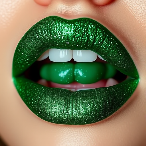 Glittery emerald green lips with a high-impact sparkle, bold and daring, ideal for making a statement at festive events