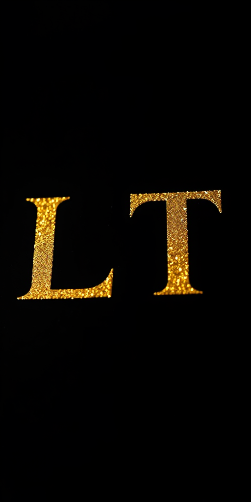 Create an elegant gold glitter text logo featuring the letters "L" and "T" on a solid black background, captured with a Canon EOS R, 50mm lens, f/1.8 aperture, ISO 100, natural lighting, shallow depth of field for enhanced detail and richness.