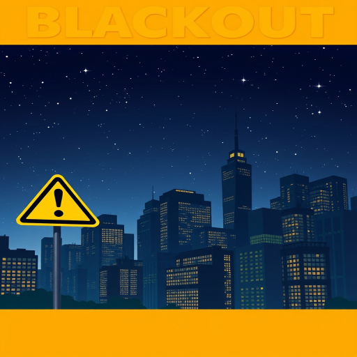 Create an illustration of a city skyline at night with a prominent warning sign that reads "BLACKOUT," featuring tall buildings with lit windows and a dark starry sky, using a DSLR camera with a 24mm lens, f/8 aperture, ISO 200, and a shutter speed of 1/60 seconds for sharpness and clarity.