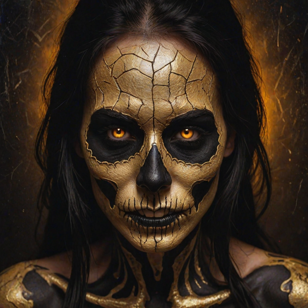 Create image featuring a close-up of a face painted like a skull. The skin is predominantly white with textured, cracked paint. The eye sockets are painted black, blending into the natural shadows of the eyes, creating a deep, hollow look. Bright, intense golden-yellow lights radiate from the eyes, casting a warm glow that contrasts with the cold, esoteric background. The nose is painted black in the shape of a spade. The mouth area features black lines extending from the corners, resembling a stitched effect. The face has sporadic black hair strands that frame it dramatically, adding to the eerie yet captivating feel. The background is blurred and dark, enhancing the focus on the face. Small, glowing orange embers are scattered sporadically across the image, contributing to the mysterious and magical atmosphere. The overall style is hyper-realistic with an emphasis on the contrast between light and dark elements, giving it an almost supernatural