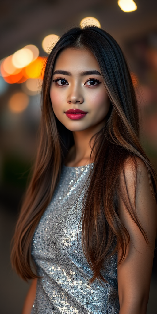 Portrait of a young woman with long hair and a sparkling dress, soft bokeh background with colorful lights, taken with a Canon EOS R5, aperture f/1.8, ISO 100, 85mm lens, natural light with a slight flash for enhanced detail.