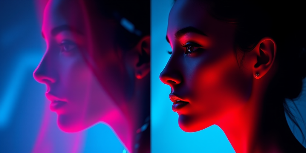 Regenerate an abstract image featuring two profiles in red and blue, using a Canon EOS R5 camera, 50mm lens, f/1.8 aperture, ISO 100, with a high dynamic range setting for enhanced contrast and clarity.